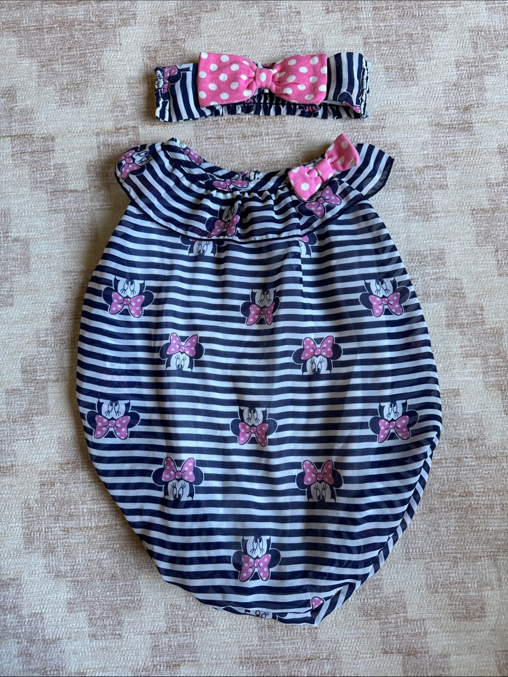Disney Baby Minnie Mouse Navy Stripe & Pink Bubble Romper and Headband size 3-6M
